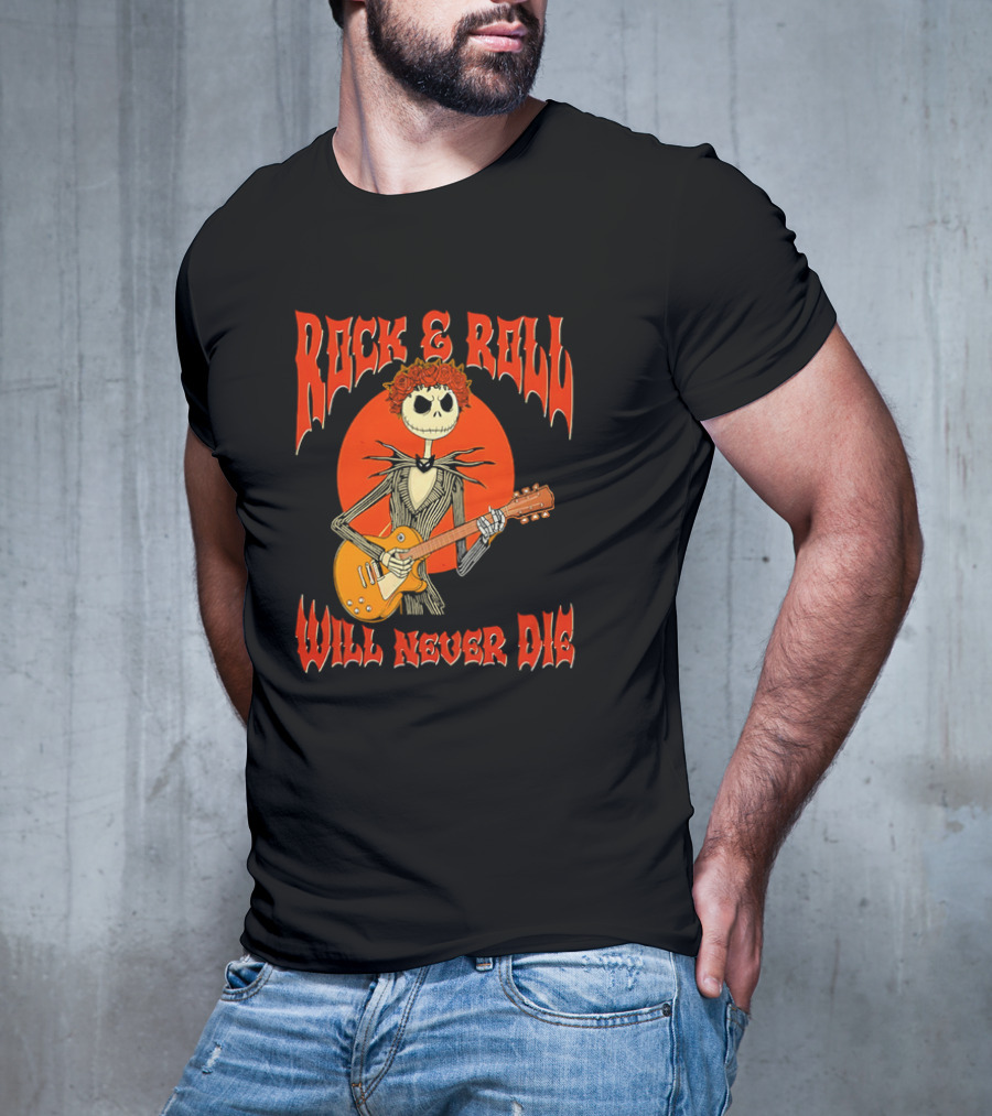 Rock And Roll Will Never Die Jack Skellington Playing Guitar T-Shirt