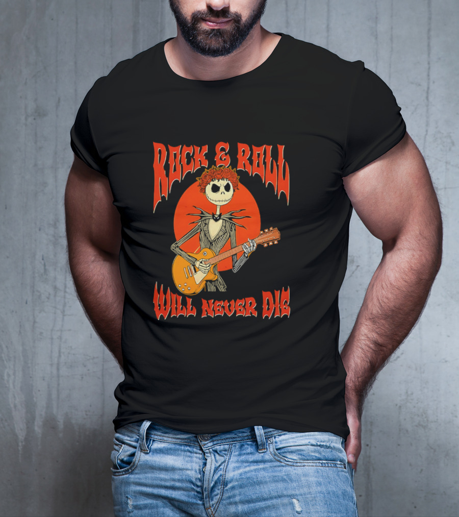 Rock And Roll Will Never Die Jack Skellington Playing Guitar T-Shirt