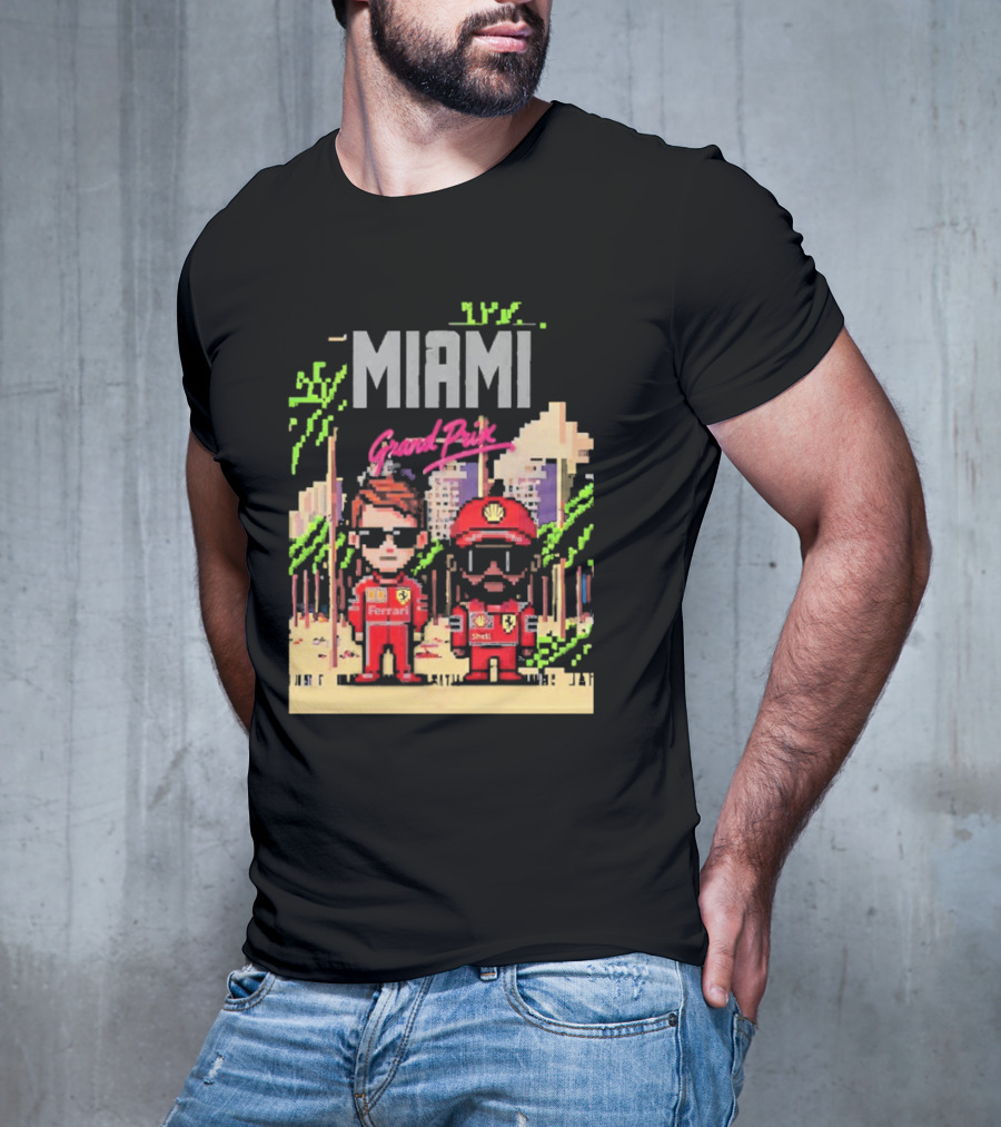 Lewis Hamilton Charles Leclerc Ferrari Team Pixel Style Miami Grand Prix 2025 T-Shirt