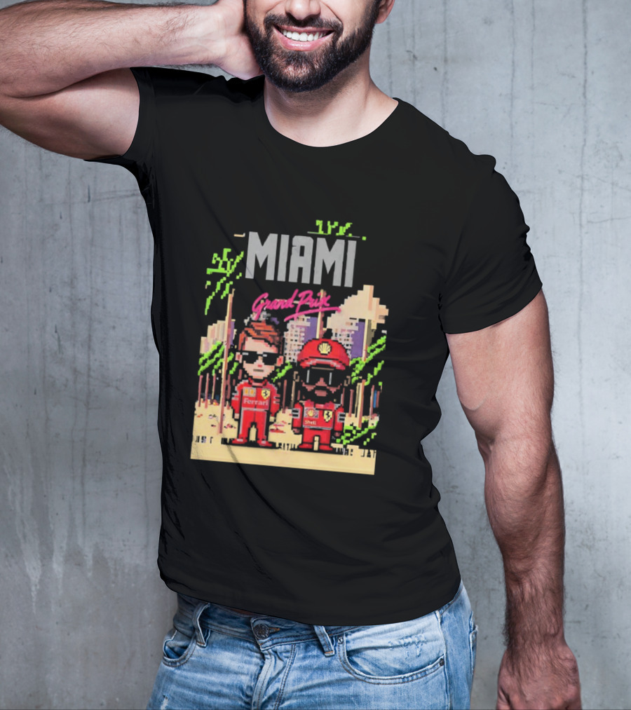 Lewis Hamilton Charles Leclerc Ferrari Team Pixel Style Miami Grand Prix 2025 T-Shirt