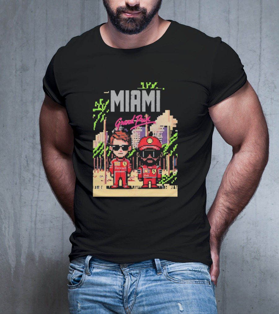 Lewis Hamilton Charles Leclerc Ferrari Team Pixel Style Miami Grand Prix 2025 T-Shirt