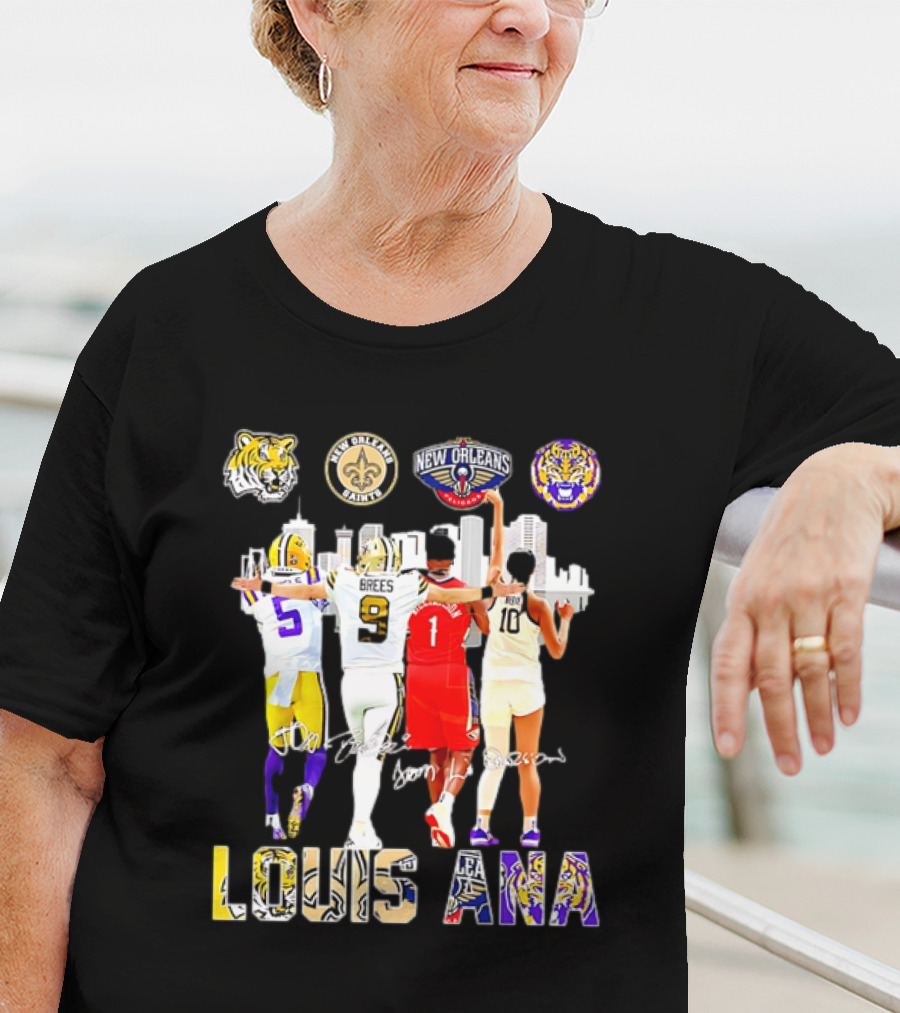 Louisiana Sports Teams 2025 Signatures Skyline Drew Brees Tiger Saint Pelican LSU T-Shirt