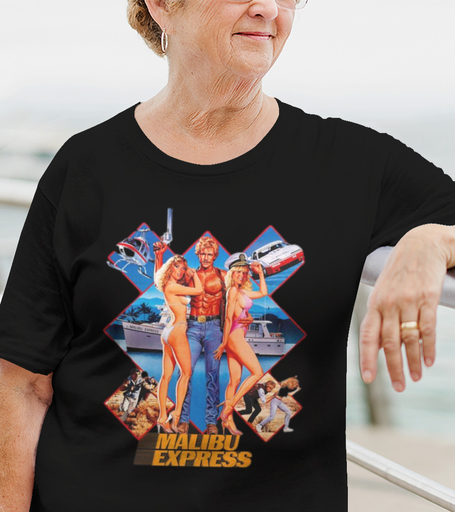 Malibu Express Action Movie 1985 Art With Yacht And Helicopter T-Shirt