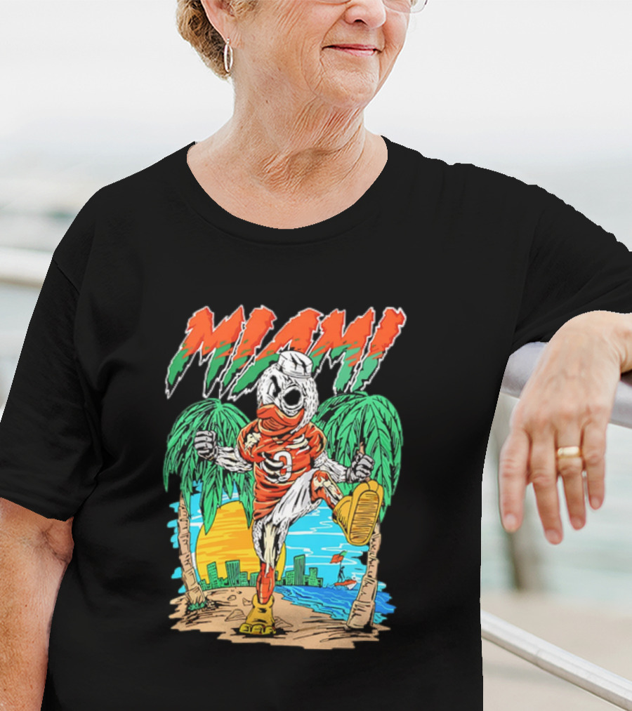 Miami Hurricanes Sebastian The Ibis Palm Trees Cityscape Sunrise T-Shirt