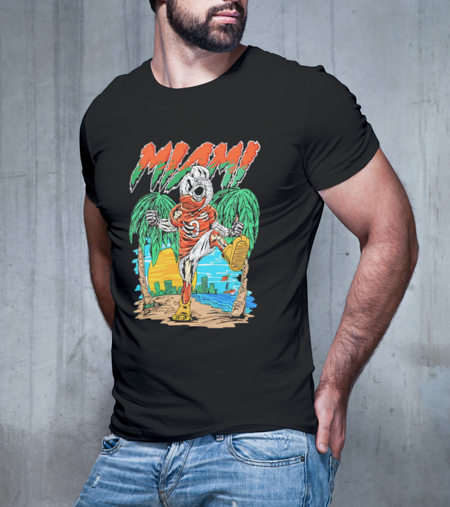 Miami Hurricanes Sebastian The Ibis Palm Trees Cityscape Sunrise T-Shirt