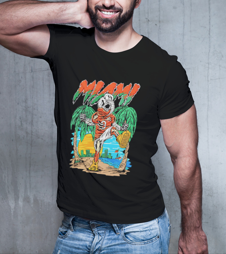 Miami Hurricanes Sebastian The Ibis Palm Trees Cityscape Sunrise T-Shirt