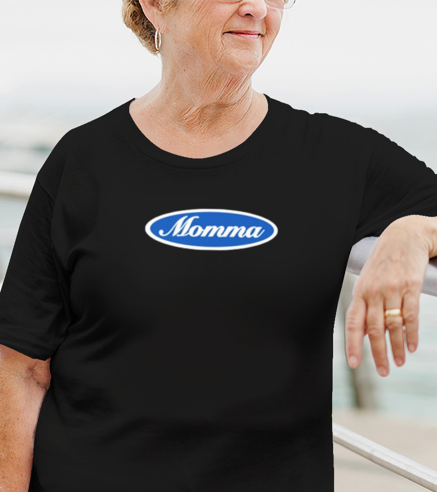 Momma Blue Oval White Script Text T-Shirt