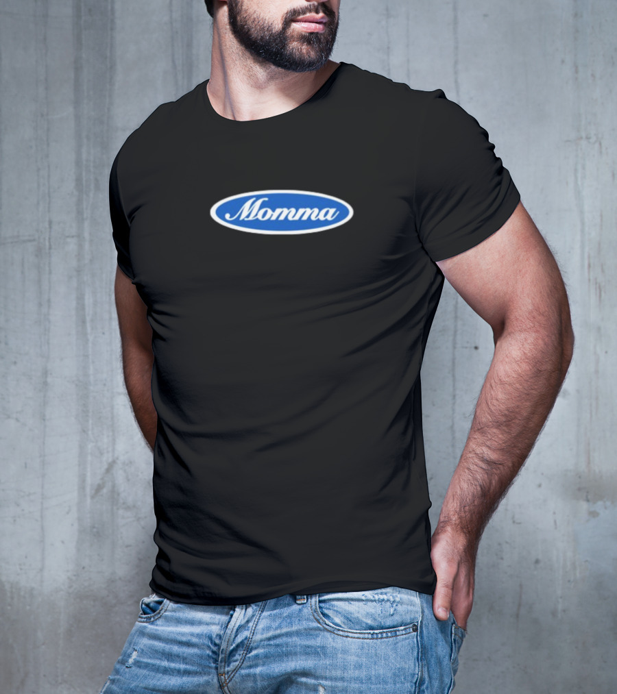 Momma Blue Oval White Script Text T-Shirt
