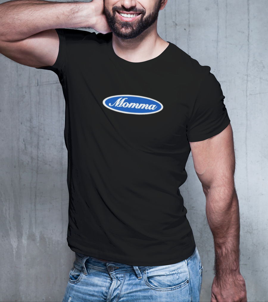 Momma Blue Oval White Script Text T-Shirt
