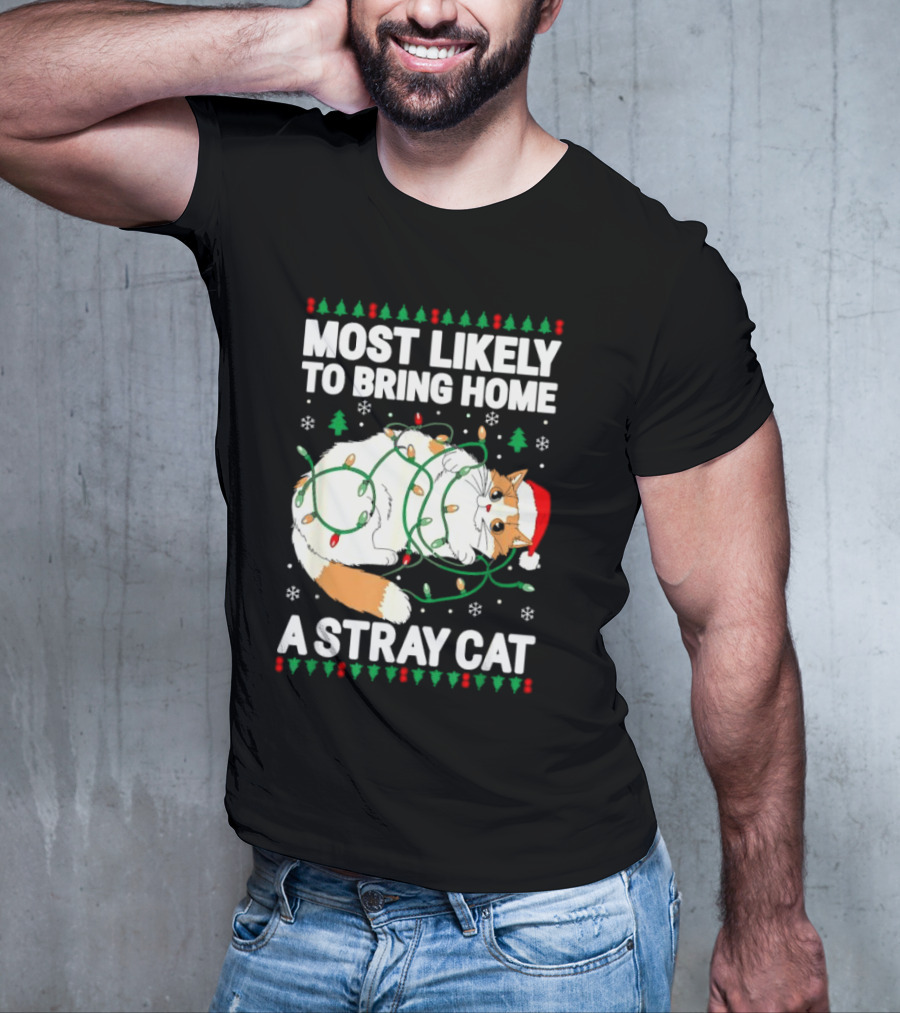 Most Likely To Bring Home A Stray Cat Christmas Lights Santa Hat Festive Holiday Cat T-Shirt