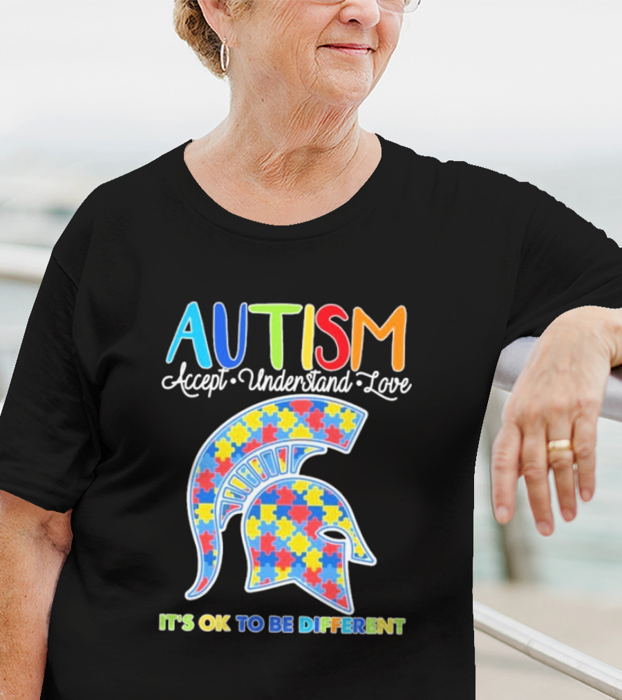 Autism Accept Understand Love It's OK To Be Different Puzzle Pattern Spartan Helmet T-Shirt