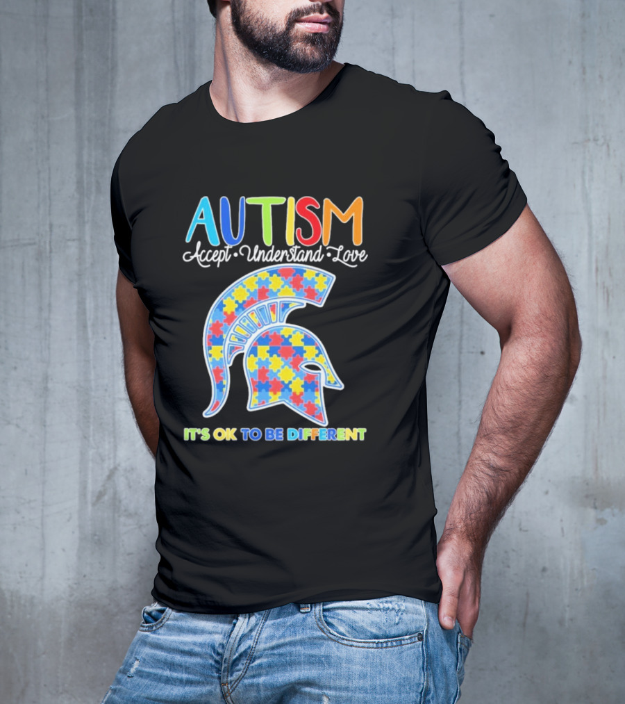 Autism Accept Understand Love It's OK To Be Different Puzzle Pattern Spartan Helmet T-Shirt