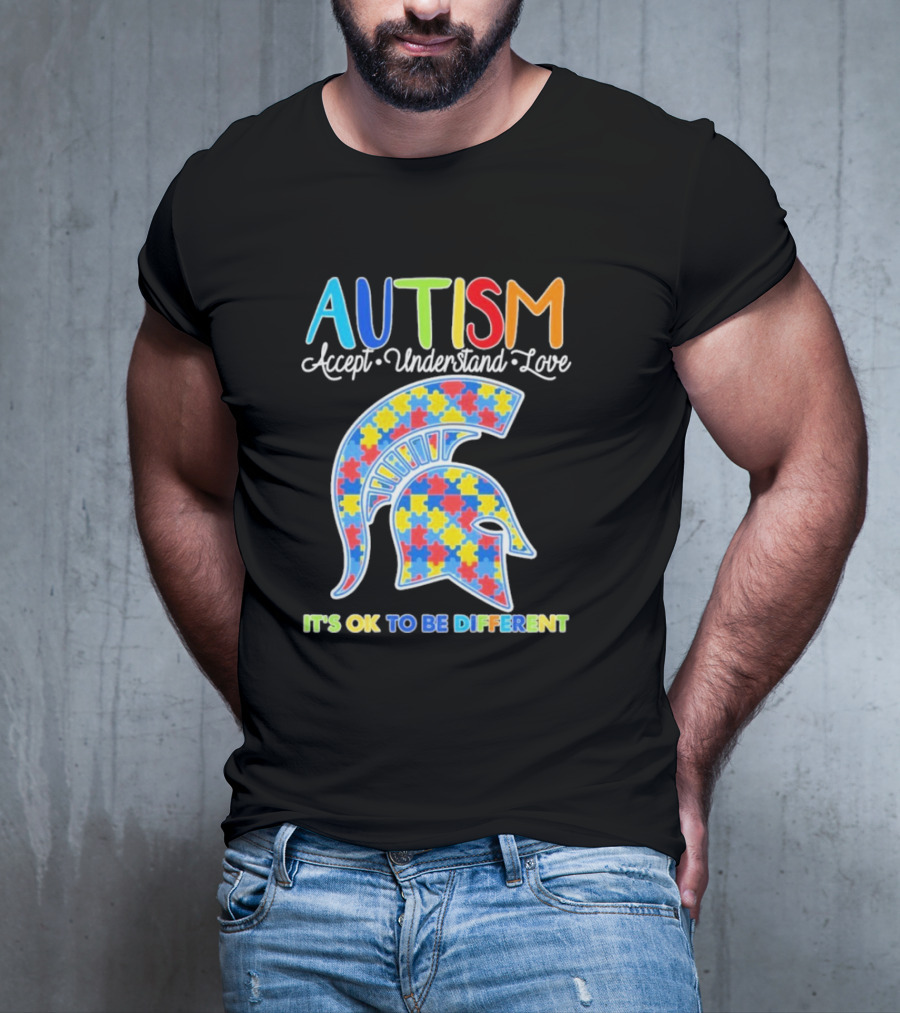 Autism Accept Understand Love It's OK To Be Different Puzzle Pattern Spartan Helmet T-Shirt