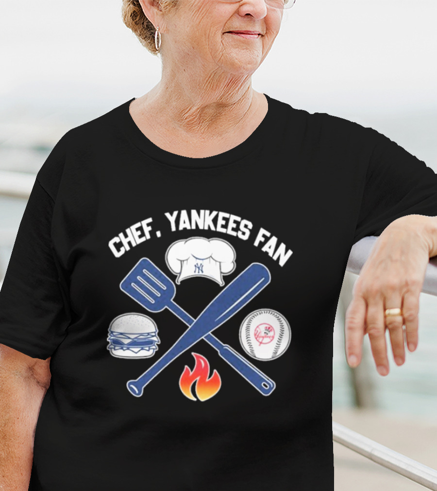 Chef Yankees Fan Hamburgers BBQ Baseball Cap Crossed Spatula Bat Fire Icon T-Shirt