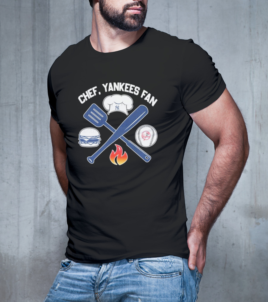 Chef Yankees Fan Hamburgers BBQ Baseball Cap Crossed Spatula Bat Fire Icon T-Shirt