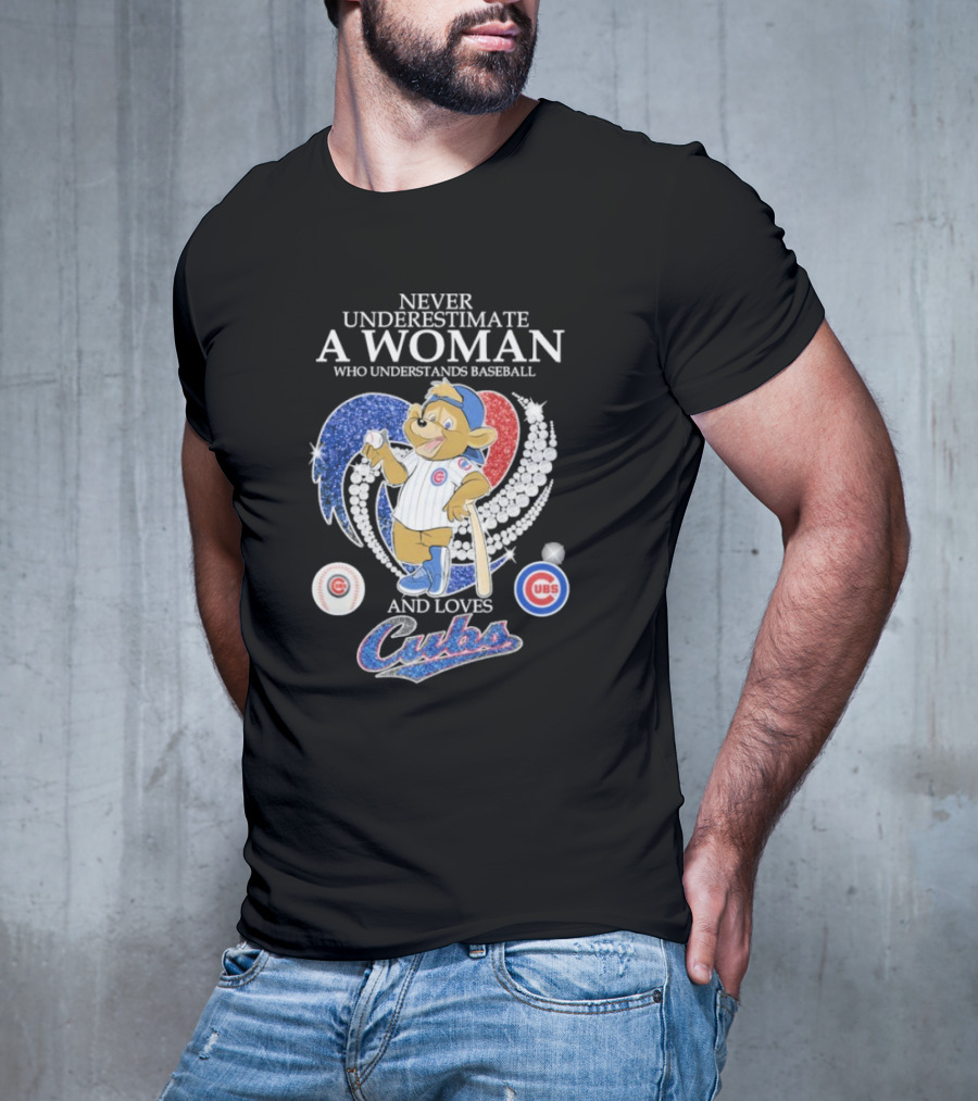 Never Underestimate A Woman Who Understands Baseball And Loves Cubs Chicago Mascot Clark Diamond Heart T-Shirt