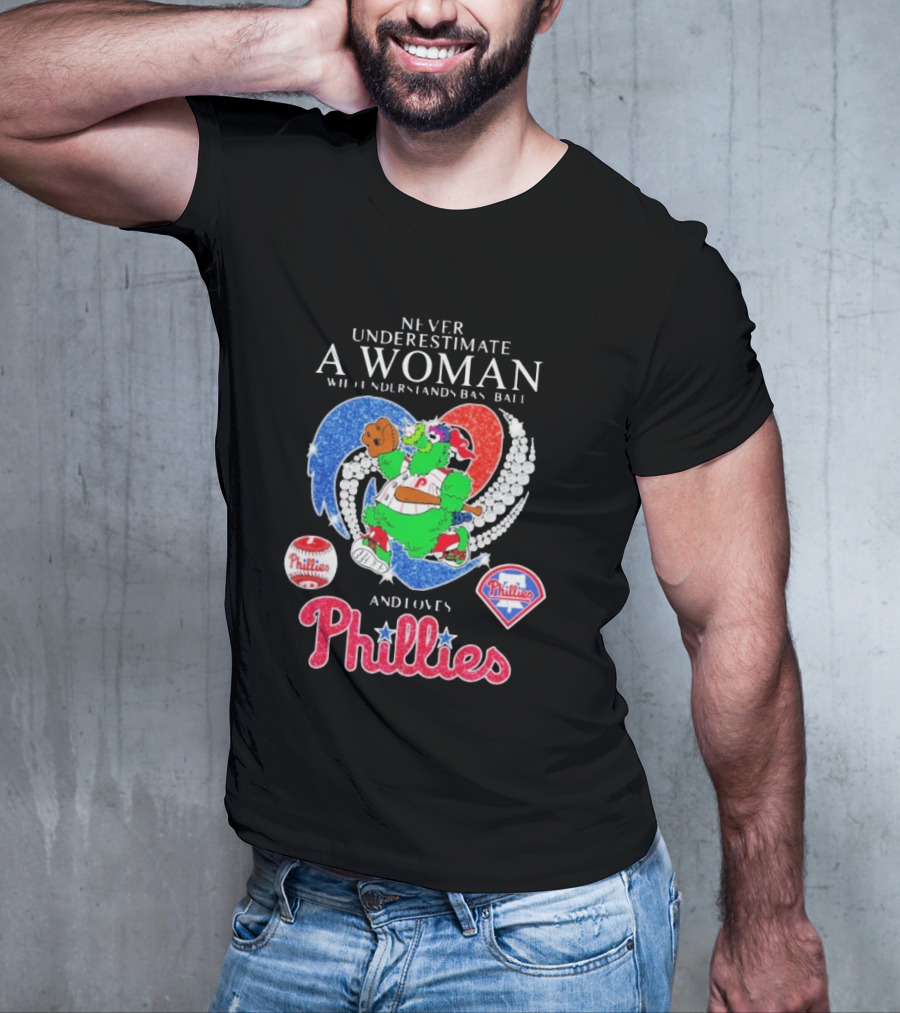 Never Underestimate A Woman Who Understands Baseball And Loves Phillies Mascot Diamond Heart T-Shirt