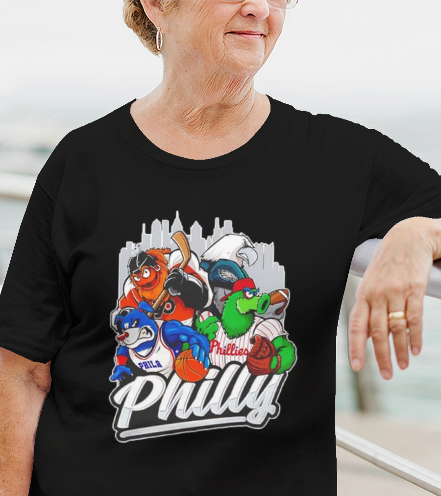 Philly Sports Mascots Basketball Baseball Hockey City Skyline T-Shirt
