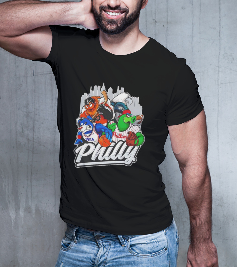 Philly Sports Mascots Basketball Baseball Hockey City Skyline T-Shirt
