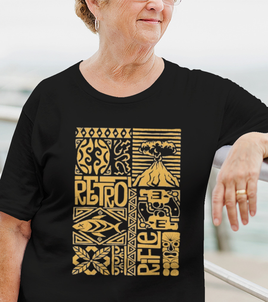 Retro Rifle Lei Em Down Pacific Island Tiki Volcano Palm Tree Ocean Waves Design T-Shirt