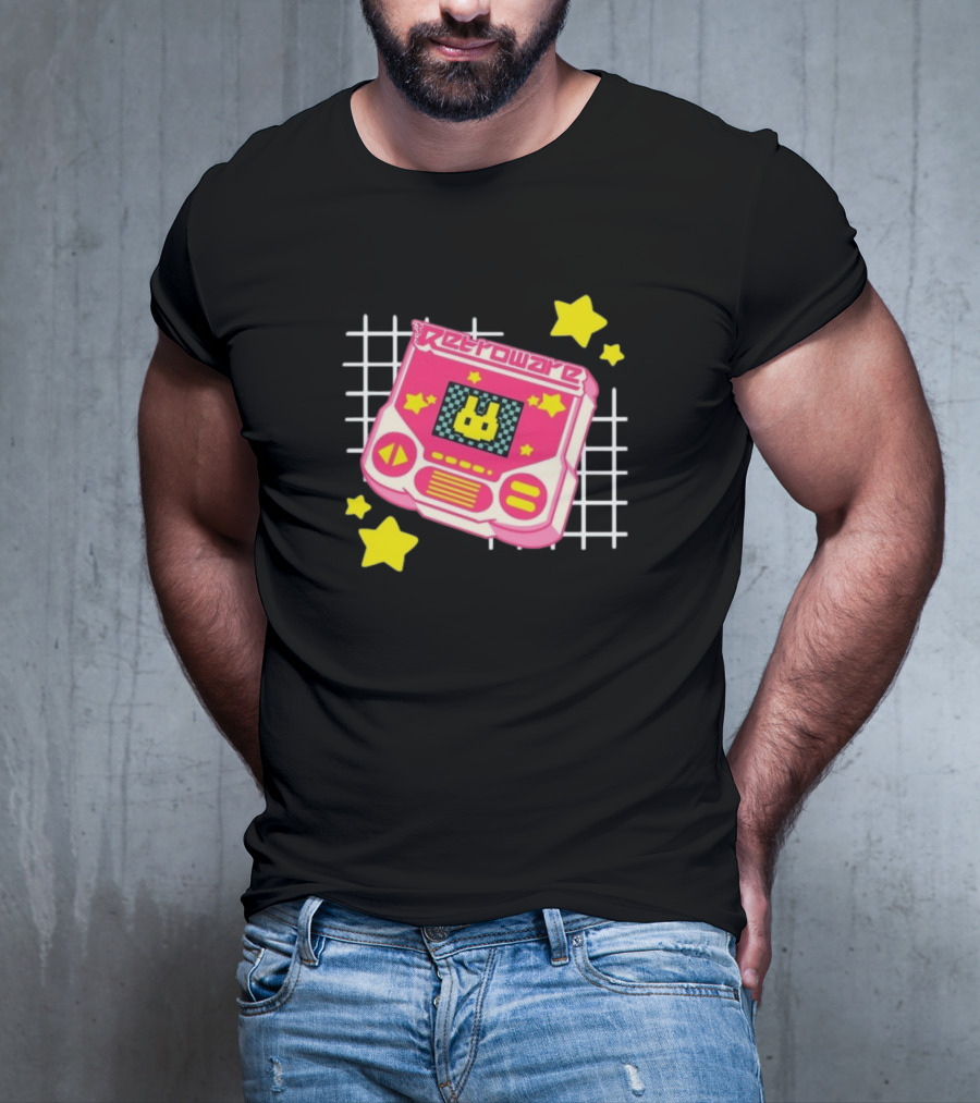RetroWare Handheld Pink Star Arcade Pixel Bunny Game Typography T-Shirt