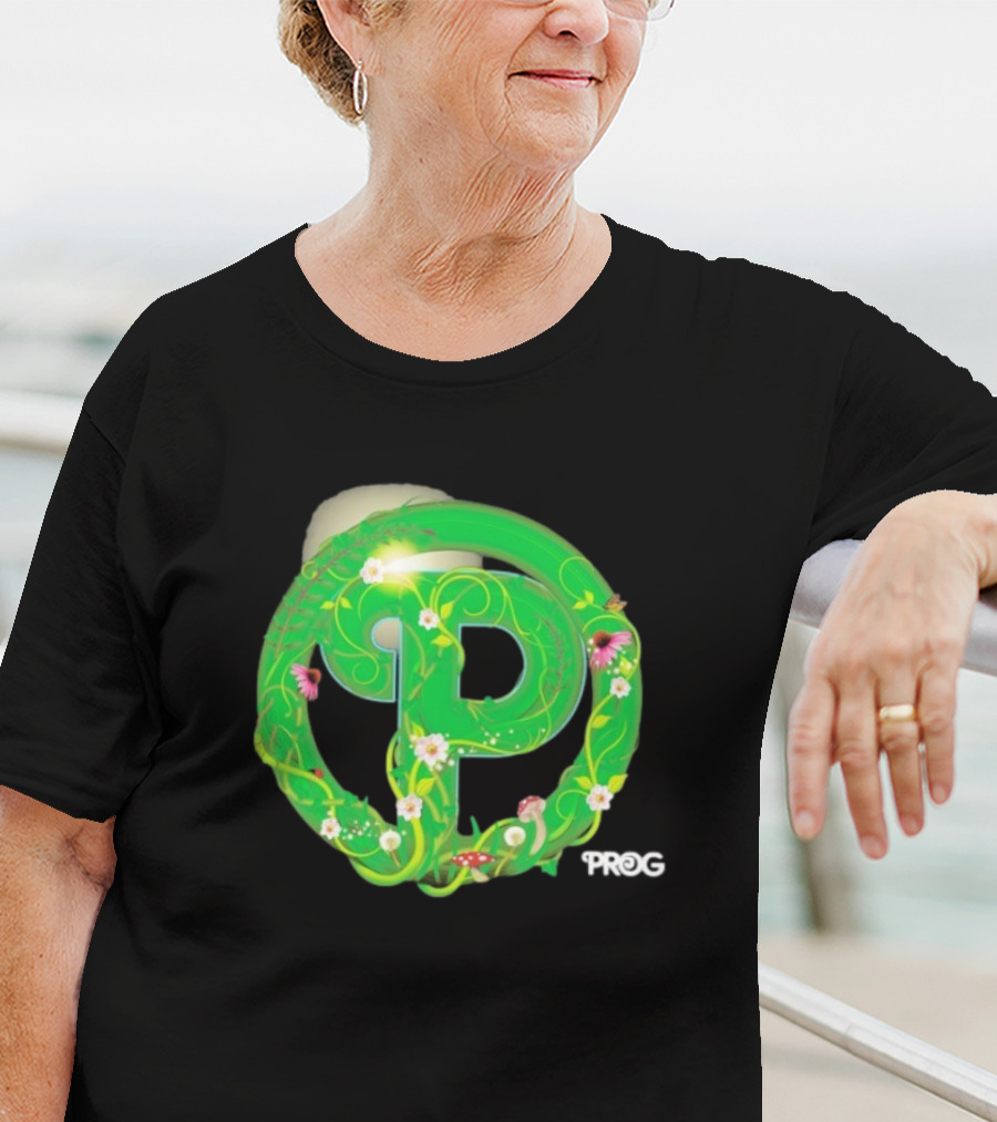 Prog Green Nature-Inspired Letter P With Flowers And Mushrooms T-Shirt