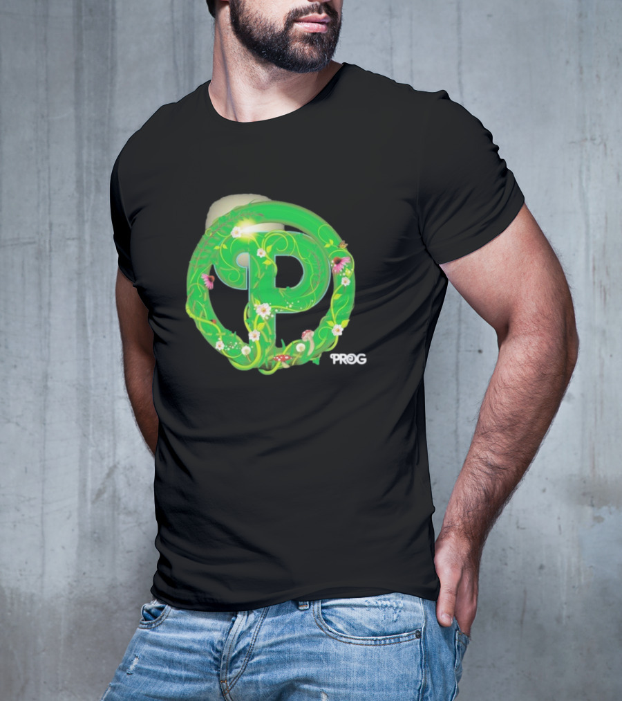 Prog Green Nature-Inspired Letter P With Flowers And Mushrooms T-Shirt