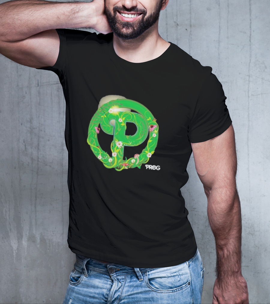 Prog Green Nature-Inspired Letter P With Flowers And Mushrooms T-Shirt