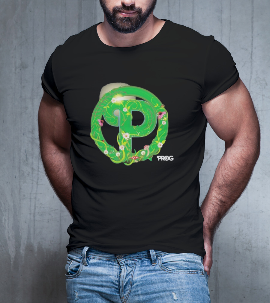 Prog Green Nature-Inspired Letter P With Flowers And Mushrooms T-Shirt