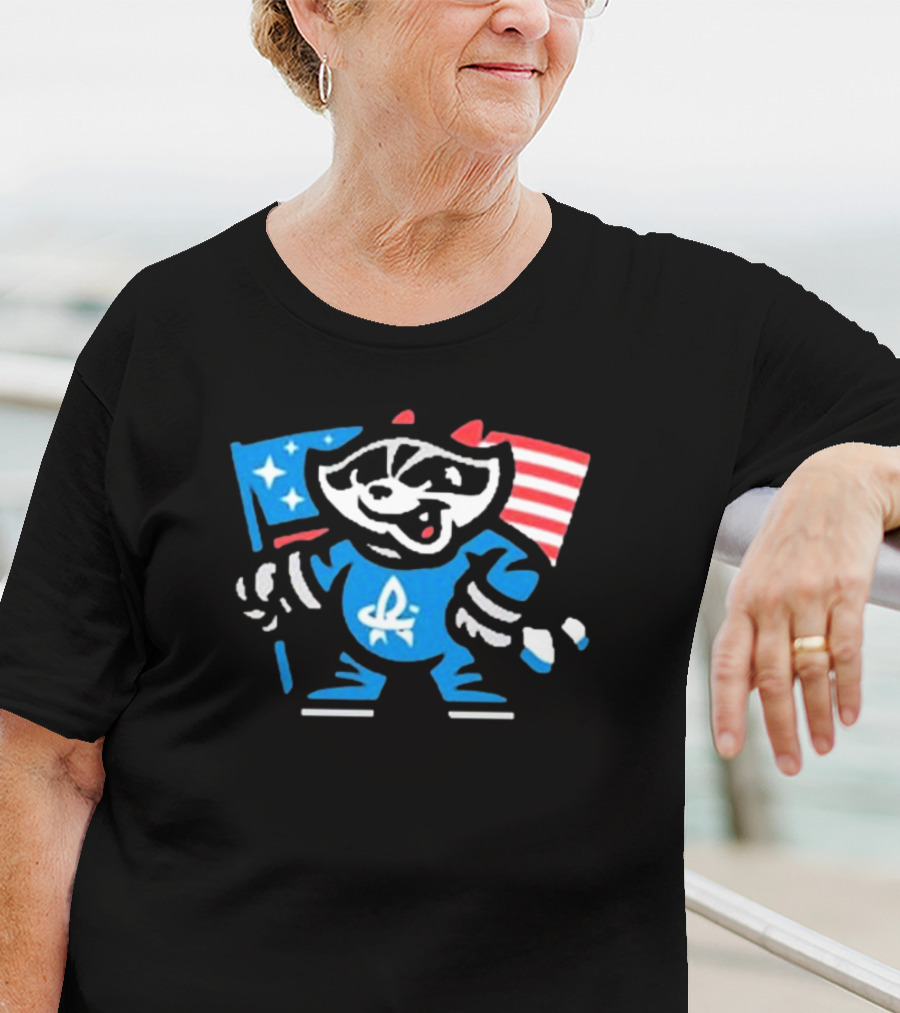 Rocket City Trash Pandas Mascot Holding American Flag And Rocket Logo T-Shirt