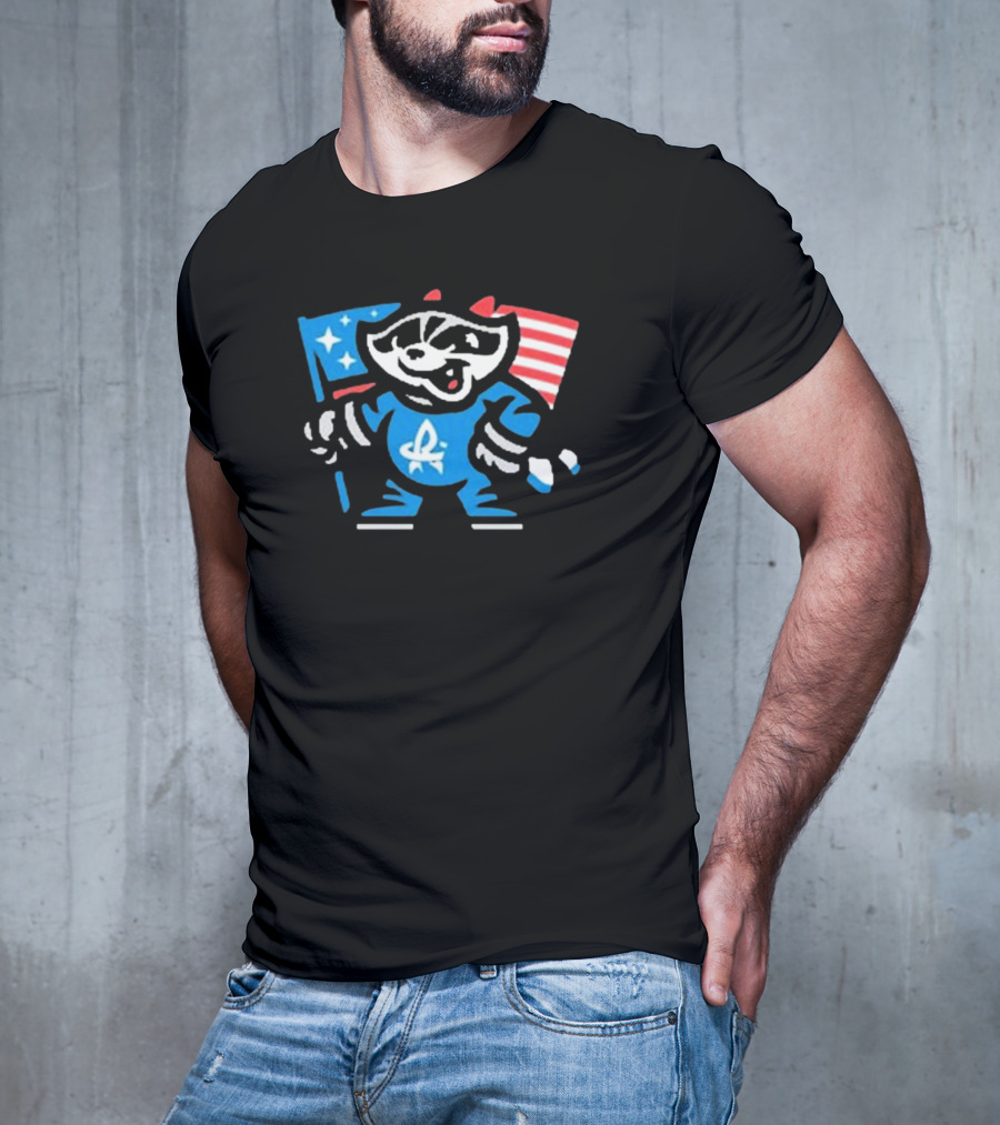 Rocket City Trash Pandas Mascot Holding American Flag And Rocket Logo T-Shirt