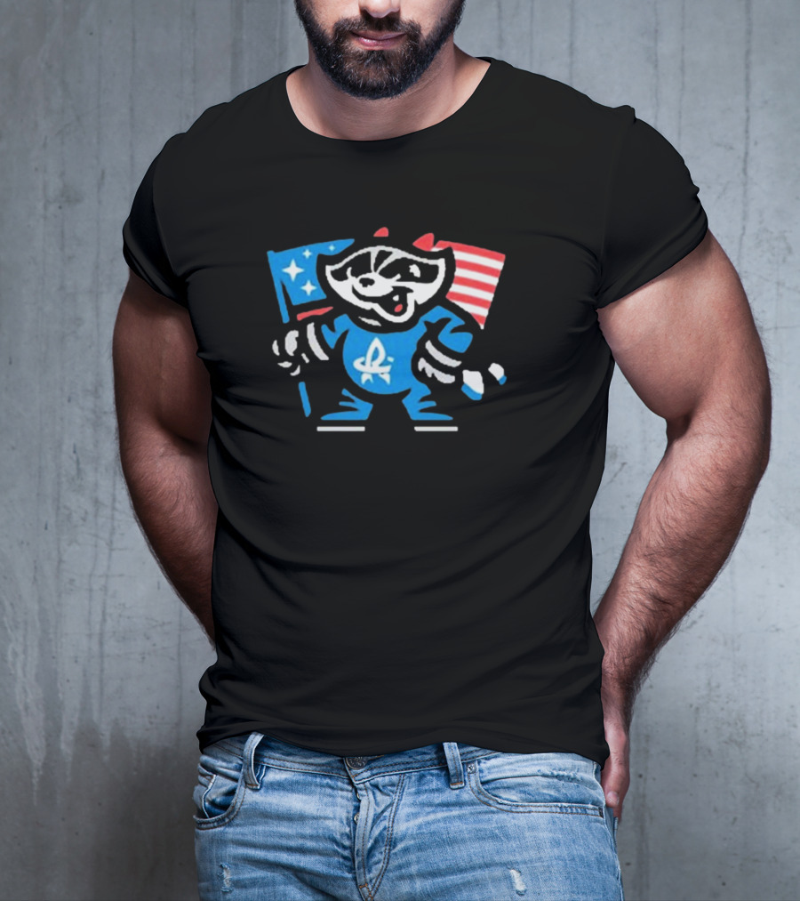 Rocket City Trash Pandas Mascot Holding American Flag And Rocket Logo T-Shirt