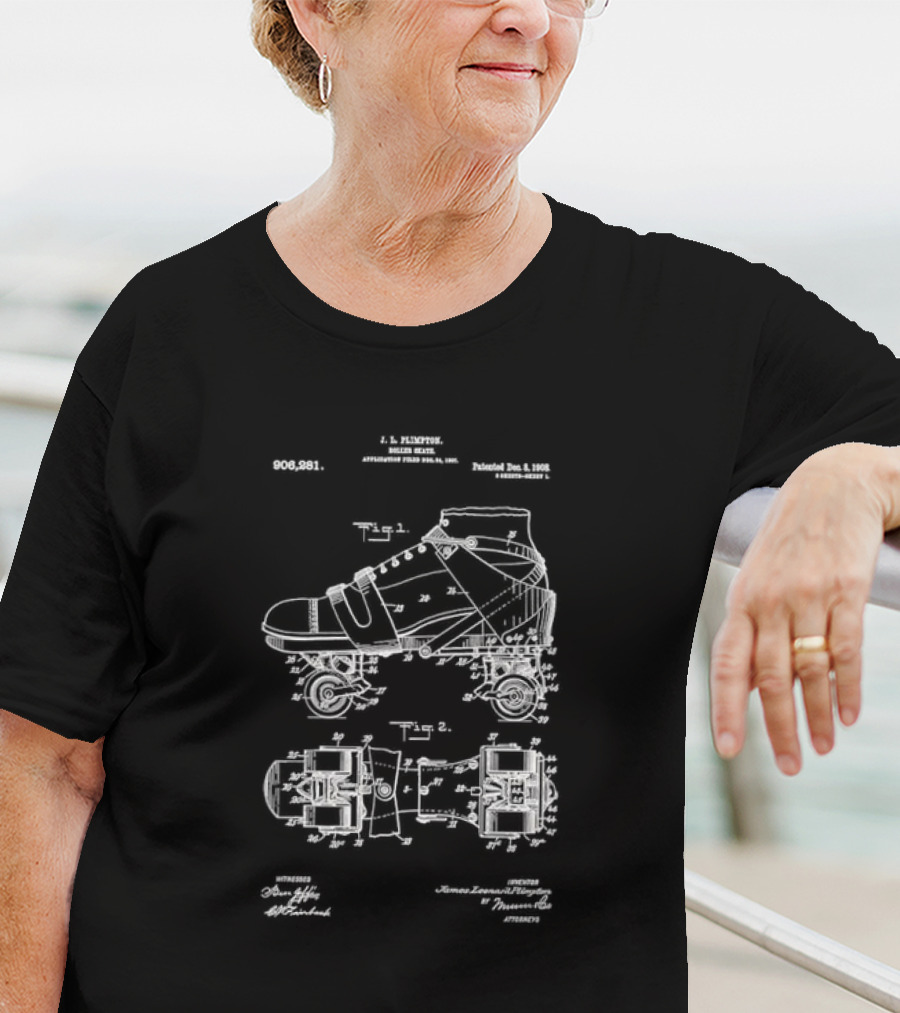 Roller Skate Patent Drawing With Adjustable Shoe Mechanism And Wheel Assembly T-Shirt
