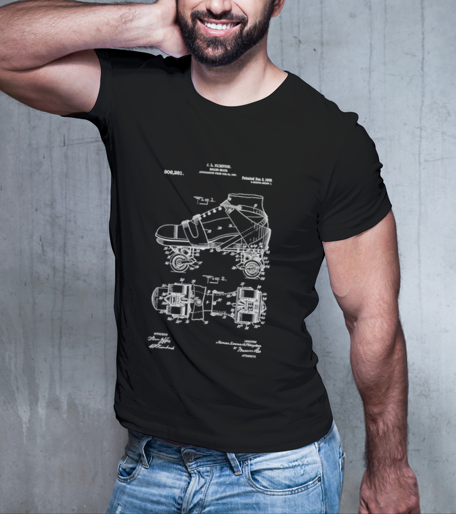 Roller Skate Patent Drawing With Adjustable Shoe Mechanism And Wheel Assembly T-Shirt
