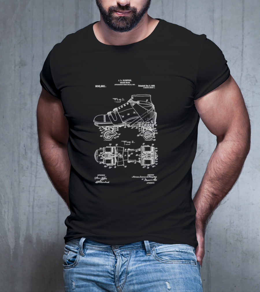 Roller Skate Patent Drawing With Adjustable Shoe Mechanism And Wheel Assembly T-Shirt