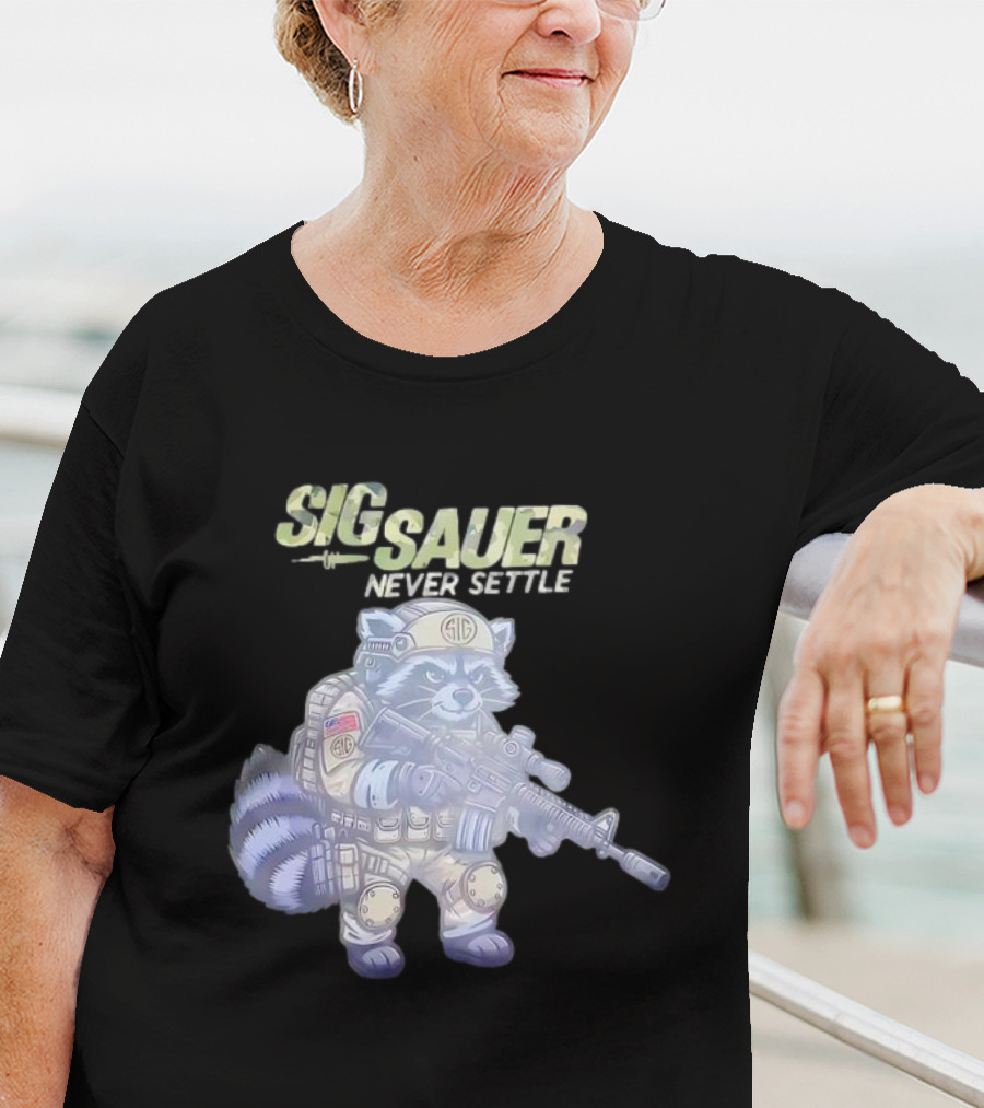 Raccoon Soldier Sig Sauer Never Settle Tactical Gear T-Shirt