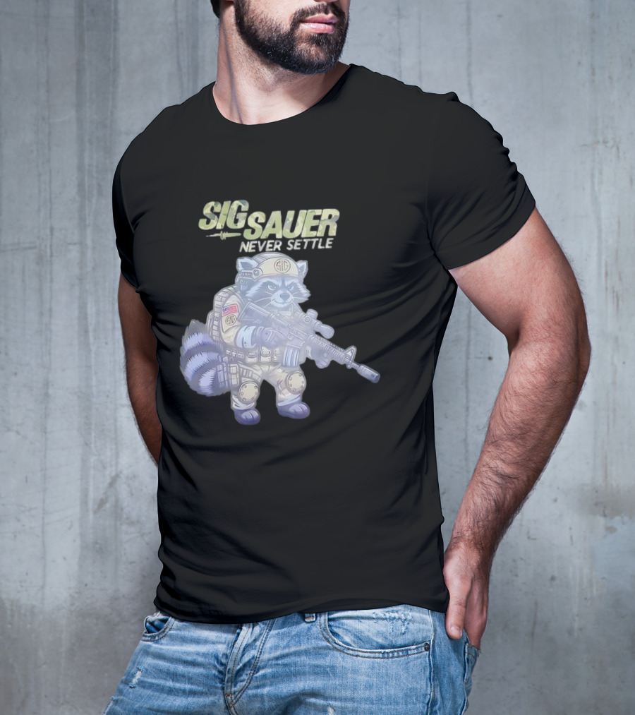Raccoon Soldier Sig Sauer Never Settle Tactical Gear T-Shirt
