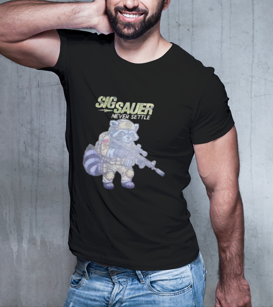 Raccoon Soldier Sig Sauer Never Settle Tactical Gear T-Shirt