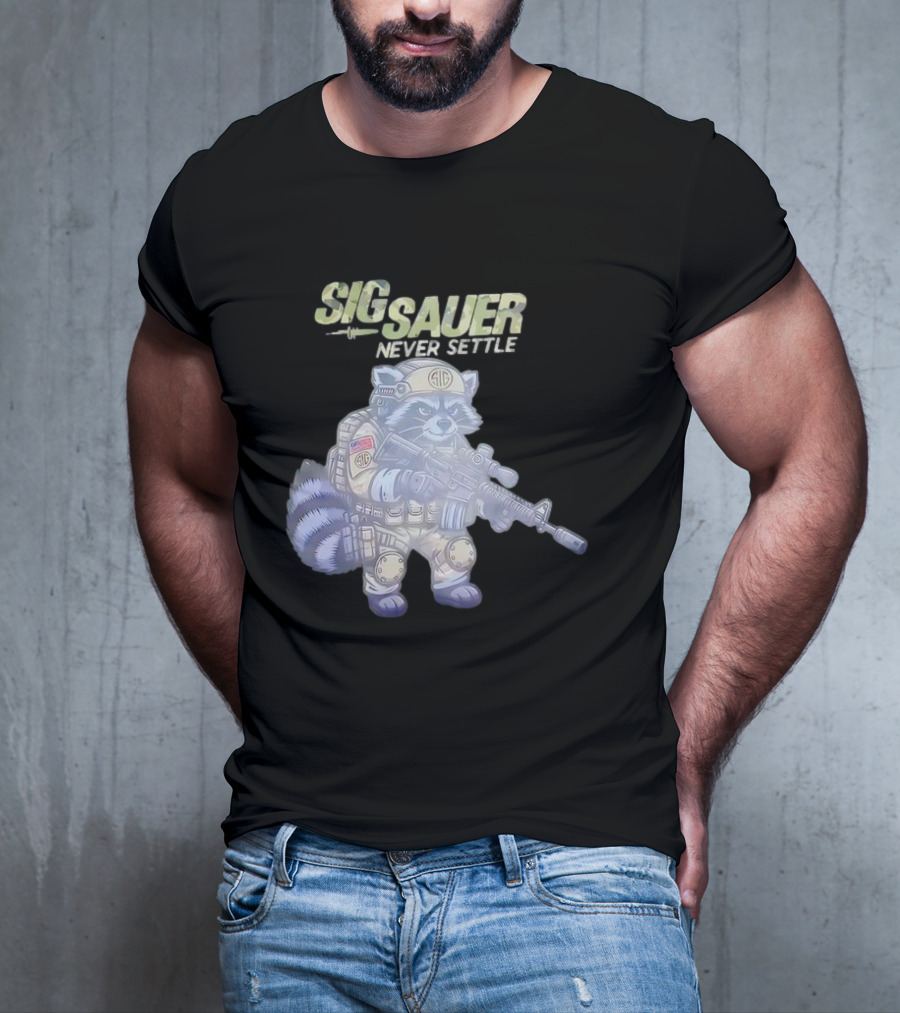 Raccoon Soldier Sig Sauer Never Settle Tactical Gear T-Shirt