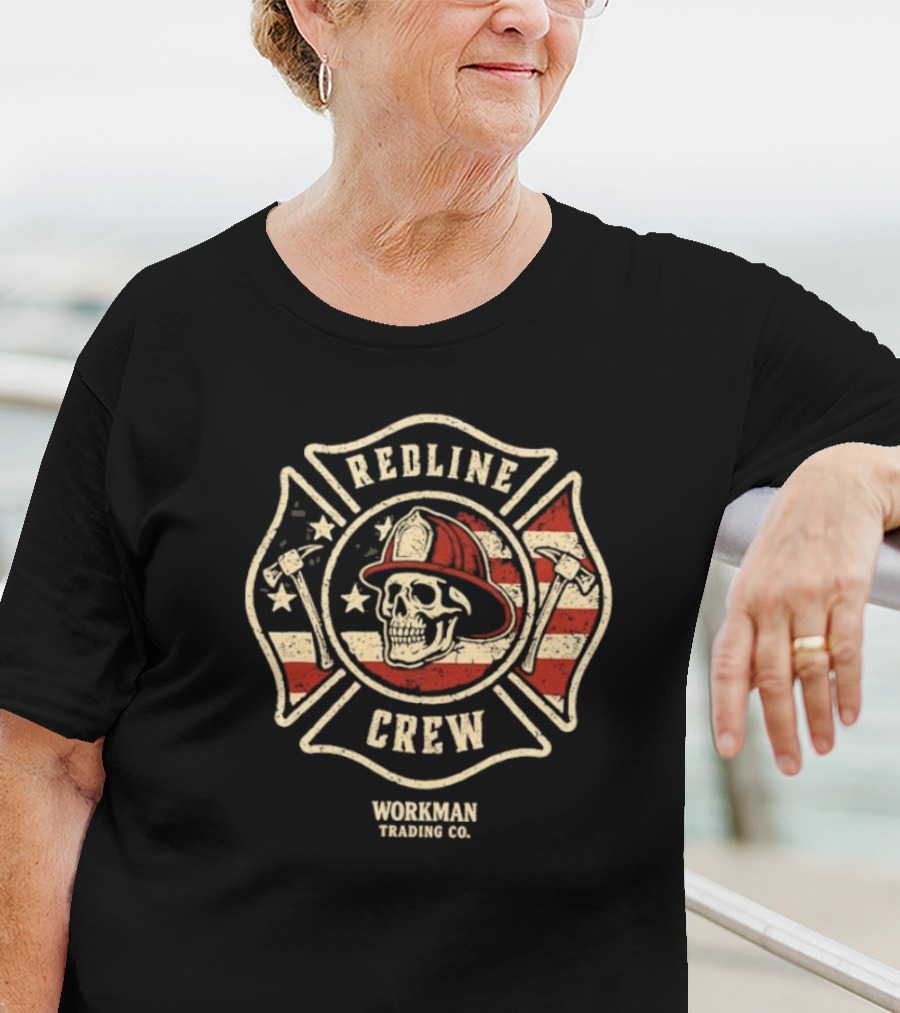 Redline Crew Workman Trading Co Skull Firefighter American Flag T-Shirt