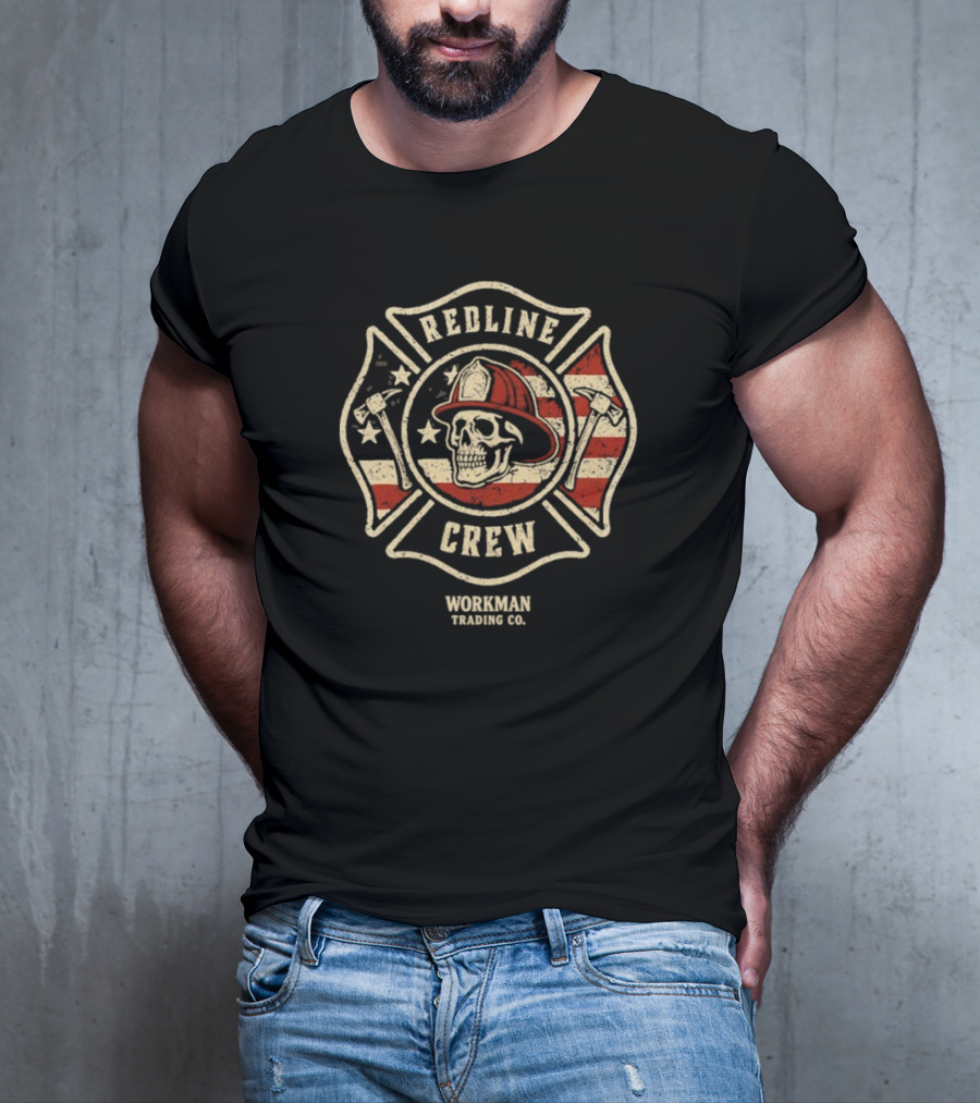 Redline Crew Workman Trading Co Skull Firefighter American Flag T-Shirt
