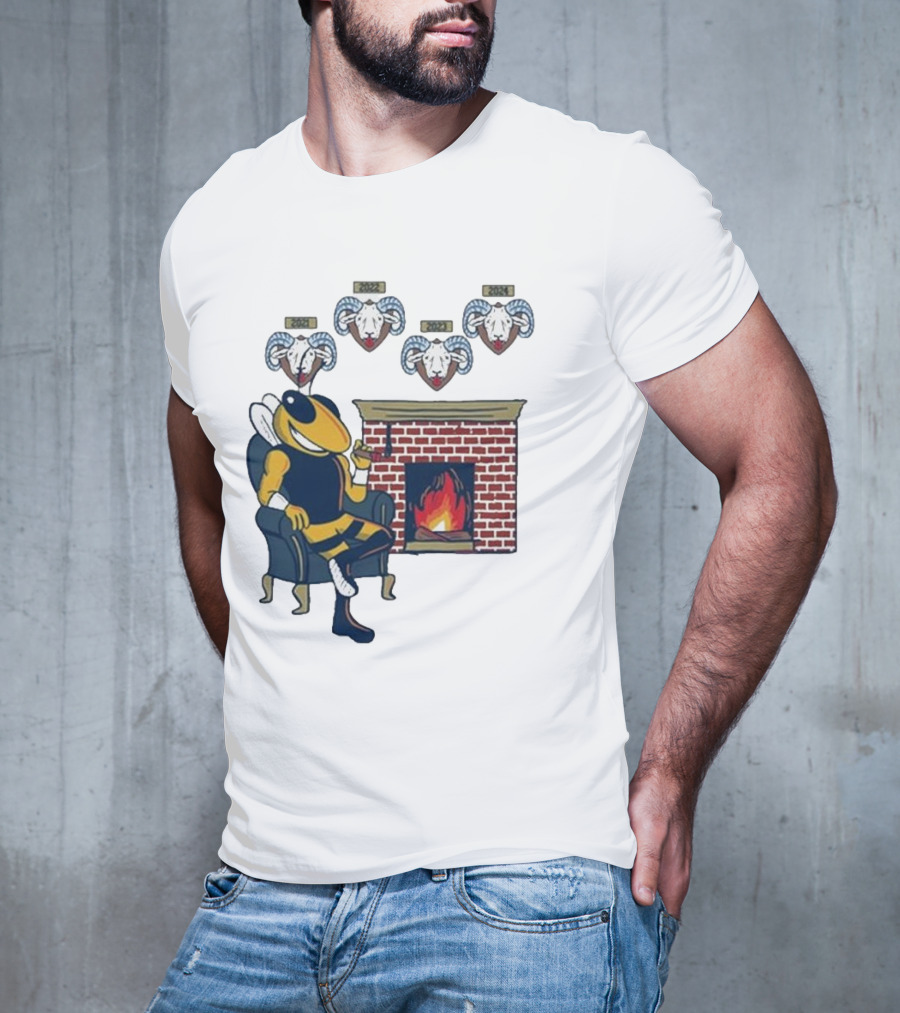 GT Mantel Pocket Yellow Jacket By Fireplace With Ram Trophies T-Shirt