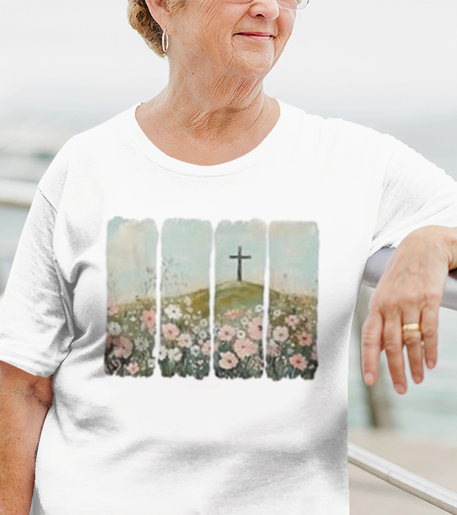 He Is Risen Christian Wildflower Cross Easter Women Girls T-Shirt