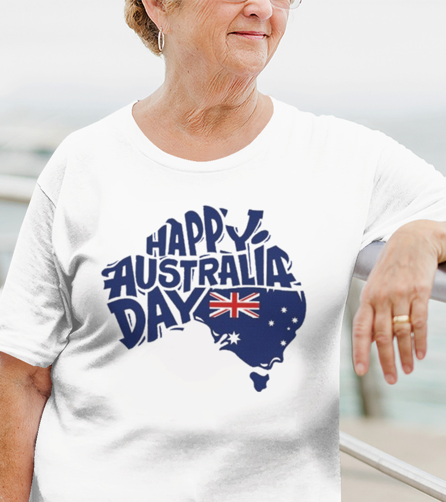 Happy Australia Day Map With Flag Inside Text T-Shirt