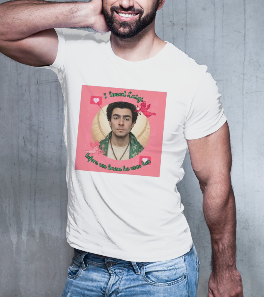I Loved Luigi Before We Knew He Was Hot Pink Background Heart And Cupid Design T-Shirt