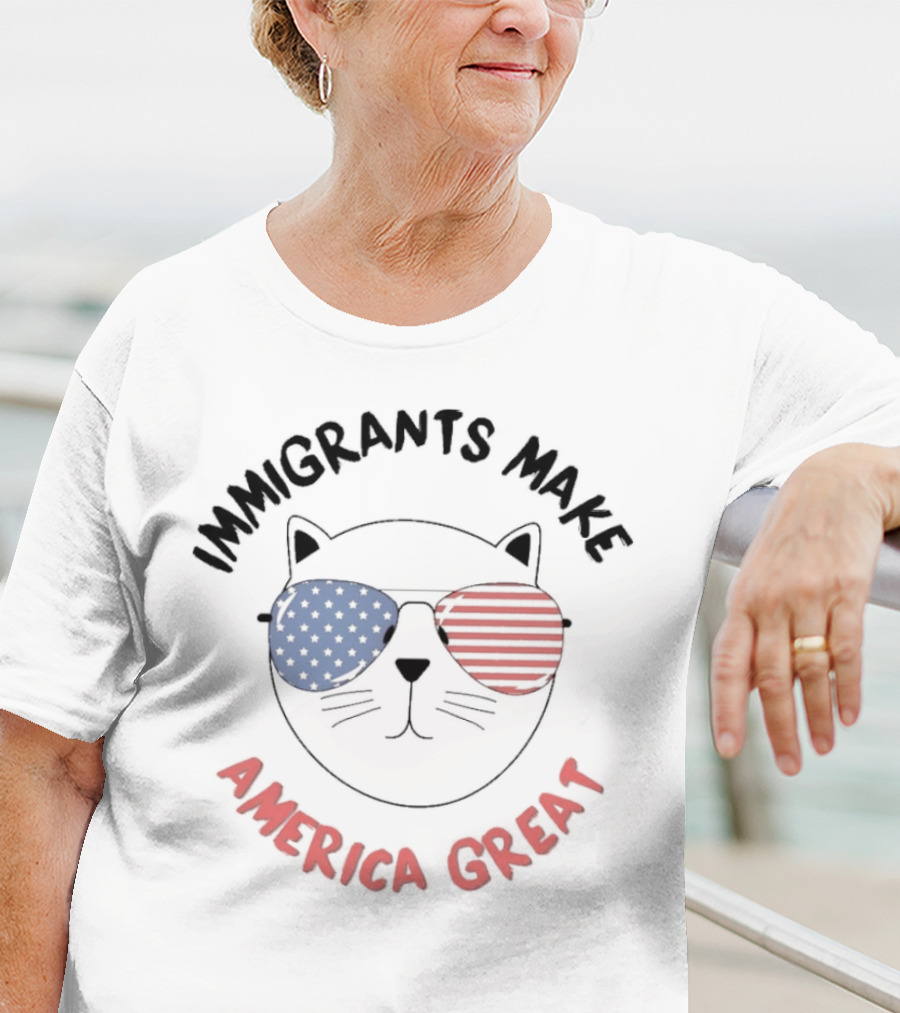 "Immigrants Make America Great Cat With Patriotic Sunglasses" T-Shirt