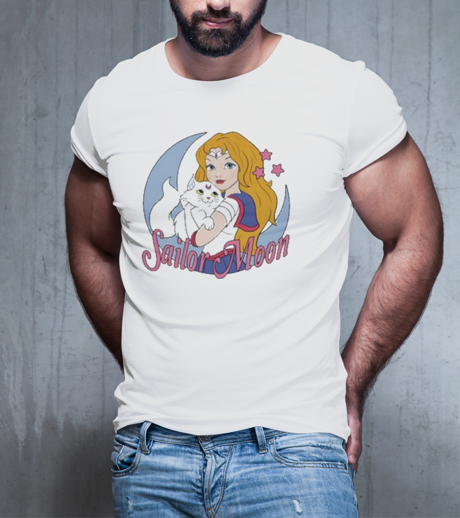 Sailor Moon Holding White Cat With Stars T-Shirt