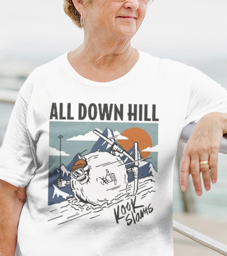 Kook Slams All Down Hill Skiing Adventure Orange Sunset Rugged Mountains T-Shirt