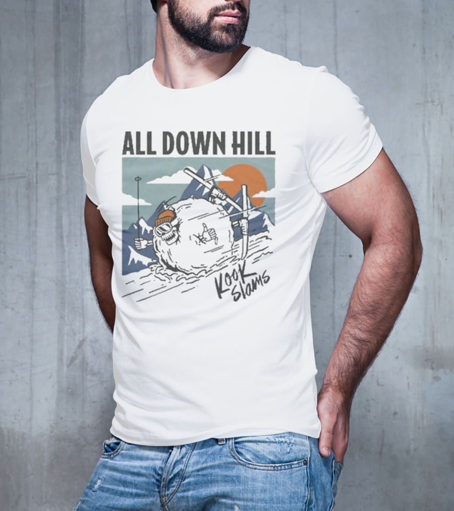 Kook Slams All Down Hill Skiing Adventure Orange Sunset Rugged Mountains T-Shirt
