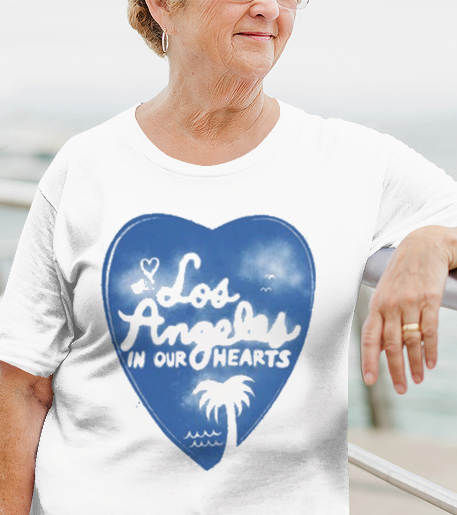 Los Angeles In Our Hearts Blue Heart With Palm Tree T-Shirt